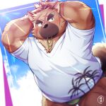  1:1 2021 anthro belly blush brown_body brown_fur canid canine canis clothing domestic_dog fur hinami humanoid_hands kemono male mammal outside overweight overweight_male shirt solo swimwear tokyo_afterschool_summoners topwear video_games yasuyori 