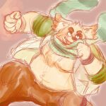  1:1 2021 absurd_res anthro belly bottomwear canid canine canis clothing cu_sith_(tas) domestic_dog hi_res hoodie humanoid_hands kemono male mammal moobs nigauritaruto overweight overweight_male pants scarf solo tokyo_afterschool_summoners topwear video_games 