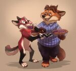  2016 anthro bottomwear canid canine clothing dessert disney duo eating food fox gideon_grey greevixor humanoid_hands male mammal overweight overweight_male pants pie shirt simple_background sushi topwear zootopia 