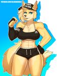  3:4 abs absurd_res anthro biceps big_breasts bird_dog blonde_hair blue_eyes blush_(blushbrush) blushbrush bodily_fluids bottomwear bra breasts canid canine canis cleavage clothed clothing domestic_dog facing_viewer female fist fur grin hair hi_res hunting_dog mammal muscular muscular_anthro muscular_female muscular_thighs retriever shorts simple_background smile solo sports_bra sportswear sweat text undercut underwear wolf yellow_body yellow_fur 
