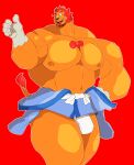  absurd_res animal_crossing anthro asian_clothing big_muscles blue_clothing clothed clothing east_asian_clothing felid fundoshi hair hi_res huge_muscles japanese_clothing lion male mammal muscular muscular_anthro muscular_male nintendo nipples pantherine pecs red_background red_hair rory_(animal_crossing) simple_background small_head solo swirlzeez topless underwear video_games 