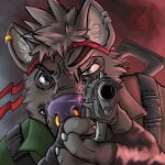  1:1 accessory alphasabre angry anthro canid canine canis claws clothed clothing ear_piercing facial_piercing fur gloves grey_body grey_fur gun handgun handwear headband hi_res looking_at_viewer male mammal military military_jacket nose_piercing nose_ring piercing pistol ranged_weapon rifle sabre_(sabrethewolf) solo weapon wolf 