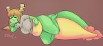  2021 anthro belly brown_hair dragon dragon_horn dragon_tail eyes_closed fangs feet female green_body green_skin hair hand_on_stomach hi_res horn hugeldude multicolored_body navel overweight overweight_anthro signature simple_background solo toes two_tone_body 