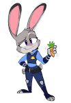  2021 anthro carrot_pen digital_media_(artwork) disney female full-length_portrait fur grey_body grey_fur head_tuft hi_res holding_object judy_hopps lagomorph leporid long_ears lumspark mammal portrait purple_eyes rabbit scut_tail simple_background smile solo tuft white_background zootopia 