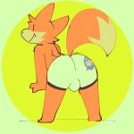  1:1 anthro ball_bulge big_butt biped bulge butt canid canine clothed clothing cute_fangs digital_media_(artwork) dipstick_tail fangs fox fur leaning leaning_forward looking_at_viewer looking_back male mammal multicolored_tail nasa orange_body orange_fur simple_background solo squishy_(artist) tan_body tan_fur teeth tobi_(squishy) underwear underwear_only white_background yellow_background 