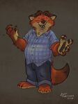  2016 anthro belly black_nose bottomwear canid canine clothing disney fox gideon_grey hi_res k-9 male mammal pants shirt simple_background slightly_chubby solo topwear zootopia 