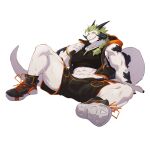  abs absurd_res anthro bodily_fluids bulge clothing dragon footwear green_hair hair hi_res hoodie horn kemono long_hair male muscular muscular_male navel scalie shaded shoes simple_background sitting smile smirk spread_legs spreading sweat topwear uken_l white_background 