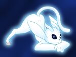  3_fingers 4:3 ambiguous_gender anthro ass_up black_eyes blue_nose digital_media_(artwork) fingers glowing guardian_spirit hooves jack-o&#039;_pose looking_at_viewer microsoft ori ori_(series) ori_and_the_blind_forest pose raised_tail simple_background solo white_body whitecrocus 