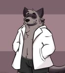  2021 anthro bulge clothed clothing dave_(password) eyes_closed hi_res hyaenid male mammal open_clothing open_shirt open_topwear orbitpaws password_(visual_novel) shirt solo striped_hyena topwear underwear video_games visual_novel 