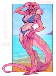  absurd_res anthro beach bikini breasts cleavage clothed clothing cobra eyewear female flip_flops footwear hi_res lbt9000 non-mammal_breasts outside pink_body pink_scales reptile sand sandals scales scalie seaside side-tie_bikini snake snake_hood solo standing sunglasses swimwear 