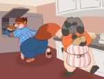 2016 anthro apron big_butt bottomwear butt canid canine clothing cooking disney duo eyes_closed fox gideon_grey kitchen kitchen_utensils lagomorph leporid long_ears male mammal overweight overweight_male pants rabbit samael scut_tail shirt tools topwear zootopia 