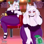  1:1 boss_monster bovid breasts caprine cleavage clothed clothing crossed_legs curvy_figure damianvertigo dialogue ear_piercing english_text eyewear female fur glasses hair hi_res mammal money piercing red_eyes text thick_thighs undertale video_games voluptuous white_body white_fur white_hair wide_hips 