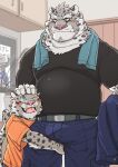  2021 anthro blush bottomwear clothing detailed_background duo father father_and_child father_and_son felid hi_res hug inside kemono male mammal musclegut overweight overweight_male pantherine pants parent parent_and_child ryuta-h shirt snow_leopard son topwear towel towel_around_neck 