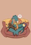  &lt;3 2021 anthro blush bottomwear bovid caprine clothing crocodile crocodilian crocodylid duncan_(doginacafe) duo eddie_(doginacafe) furniture goat hi_res hoodie kemono kissing kotori male male/male mammal pants reptile romantic romantic_couple scalie shirt sitting sofa topwear 