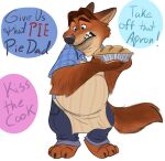  2016 anthro apron black_nose bottomwear canid canine clothing dead_stray_bear dessert dialogue disney english_text food fox gideon_grey male mammal overweight overweight_male pants pie shirt solo text topwear zootopia 