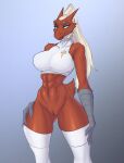  abs anthro avian big_breasts blaziken blue_eyes bottomless breasts butt_from_the_front clothed clothing feathers female genitals grey_background hair hand_on_hip hi_res legwear muscular muscular_female muscular_legs navel nintendo orinvega pok&eacute;mon pok&eacute;mon_(species) ponytail pupils pussy red_body red_feathers simple_background slit_pupils small_waist smile solo thick_thighs thigh_highs video_games white_hair wide_hips 