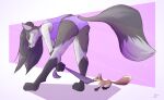  abstract_background anthro barefoot bent_over bent_over_with_legs_held_straight big_butt biped blue_eyes bottomwear breasts butt camisole canid canine clothed clothing countershade_face countershade_legs countershade_tail countershade_torso countershading digitigrade dipstick_tail dreamtanker duo eyes_closed facial_markings fangs feet female feral fluffy fluffy_tail fox fur gloves_(marking) grey_(dreamtanker) grey_body grey_fur grey_hair hair head_markings hindpaw holding_clothing holding_object leg_markings long_hair looking_back mammal markings mostly_clothed multicolored_body multicolored_fur multicolored_tail object_in_mouth orange_body orange_fur panties paws pet pink_background pink_bottomwear pink_clothing pinup pose purple_camisole purple_clothing purple_panties purple_underwear quadruped raised_tail rear_view red_nose side_boob simple_background smile socks_(marking) solo standing straight_legs tail_tuft teeth text tuft tug_of_war two_tone_tail underwear underwear_only white_background wide_stance yellow_body yellow_fur 