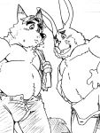  2016 3:4 anthro belly blush bottomwear bulge bumomomoboa canid canine clothing disney duo fox gideon_grey kemono lagomorph leporid long_ears male male/male mammal monochrome overweight overweight_male pants rabbit stu_hopps towel towel_on_shoulder zootopia 