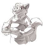  2016 anthro apron belly canid canine clothing dessert disney donryu food fox gideon_grey hi_res humanoid_hands male mammal pie shirt simple_background slightly_chubby solo topwear white_background zootopia 