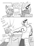  2015 3:4 anthro anthrofied bottomwear clothed clothing comic dialogue duo english_text fight fully_clothed fuze gordon_(fuze) greyscale groudon hi_res legendary_pok&eacute;mon male monochrome muscular muscular_male nintendo pawl_(fuze) pok&eacute;mon pok&eacute;mon_(species) pok&eacute;morph poochyena shirt shorts t-shirt tank_top text topwear torn_bottomwear torn_clothing torn_shorts video_games 