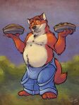  2018 anthro belly black_nose canid canine clothing cute_fangs detailed_background disney feet food fox gideon_grey hi_res humanoid_feet k-9 looking_at_viewer male mammal moobs nipples outside overalls overweight overweight_male solo zootopia 