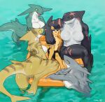  2021 anthro bebebebebe bird_dog black_body black_skin breasts butt canid canine canis domestic_dog elbow_fin eyewear featureless_breasts featureless_crotch female fin fish gills golden_retriever green_body green_skin grey_body grey_skin grin group head_fin hi_res hunting_dog larger_anthro larger_female male male/female mammal marine partially_submerged retriever scar shark sharp_teeth size_difference smaller_anthro smaller_male smile sunglasses teeth water yellow_body yellow_skin 