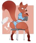  2021 anthro barefoot big_butt bottomwear brown_body brown_fur butt canid canine clothed clothing cutoffs denim denim_clothing disembodied_hand duo fangs feet female fox fox_(skunk_fu) fur hi_res hotpants mammal mature_female raised_tail rear_view red_body red_fur shorts simple_background sitting skunk_fu smile spanking thick_thighs usnarbit 