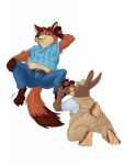  2020 anthro blue_eyes bottomwear brown_body brown_fur canid canine clothing disney duo feet foot_fetish foot_lick foot_play fox fur gerardson gideon_grey hat headgear headwear hi_res humanoid_hands lagomorph leporid licking long_ears lying male male/male mammal overalls pants rabbit scut_tail shirt simple_background slightly_chubby stu_hopps tongue tongue_out topwear white_background zootopia 