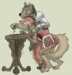  armor canid canine clothing drakue_(artist) duo fantasy grinding hi_res knot kobold male male/male mammal mechanic piercing public red_dragon_inn ripsnarl_(red_dragon_inn) tool_belt tunic under_table were werecanid werecanine werewolf wrench_(red_dragon_inn) 