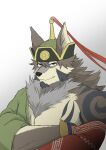  anthro canid canine canis clothed clothing fur hair hi_res ioenami88 male mammal mongolian mongolian_clothing pecs simple_background solo tattoo temujin tokyo_afterschool_summoners video_games wolf 