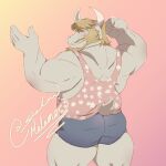  1:1 2021 absurd_res anthro asgore_dreemurr back_muscles beard big_muscles boss_monster bottomwear bovid butt caprine clothed clothing eyebrows facial_hair goat hair hi_res horn hotpants looking_back male mammal muscular muscular_anthro muscular_male pink_background rear_view shadowmatamori shirt shorts signature simple_background smile solo standing tank_top text topwear undertale url video_games 