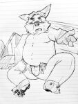  2016 3:4 anthro blush bodily_fluids bottomwear bulge bumomomoboa canid canine clothing disney fox gideon_grey humanoid_hands kemono male mammal monochrome overweight overweight_male pants sitting solo sweat zootopia 