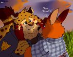  2018 anthro belly benjamin_clawhauser blush canid canine cheetah clothing dialogue disney duo felid feline fox gideon_grey hi_res humanoid_hands lakalando male male/male mammal mature_male outside overweight overweight_male police police_badge police_officer police_uniform shirt text topwear uniform zootopia 