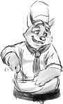  2016 anthro belly canid canine chef_hat chef_uniform clothing cooking disney fox gideon_grey hat headgear headwear hi_res kemono kumagayasin male mammal monochrome overweight overweight_male solo zootopia 