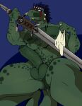  absurd_res anthro anus argonian balls bethesda_softworks butt digital_media_(artwork) erection fur genitals hair hi_res holding_object holding_weapon horn humanoid_genitalia humanoid_penis looking_at_viewer male melee_weapon muscular muscular_anthro muscular_male nipples nude pecs penis perspective reptile scales scalie scar simple_background skyrim smile solo sword sylvanedadeer tattoo the_elder_scrolls video_games weapon 