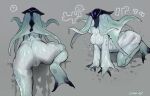  2021 ? anthro bebebebebe black_body black_skin breasts butt cephalopod female genitals green_body green_skin grey_background hi_res japanese_text kneeling marine mollusk pussy simple_background solo tentacles text white_body white_skin 