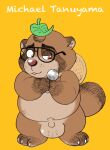  2016 anthro balls belly big_balls brown_body brown_fur canid canine disney eyewear fur genitals glasses kemono leaf male mammal michael_tanuyama overweight overweight_male penis raccoon_dog simple_background solo tanuki text wantaro yellow_background zootopia 
