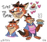  &lt;3 2016 anthro apron belly black_nose blush bottomwear canid canine clothing dessert dialogue disney food fox gideon_grey male mammal mcthundergoose pants pie shirt simple_background slightly_chubby solo topwear white_background zootopia 