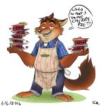  2016 anthro apron belly black_nose bottomwear canid canine clothing dessert dialogue disney english_text food fox gideon_grey humanoid_hands male mammal mcthundergoose overweight overweight_male pants pie shirt solo text topwear zootopia 