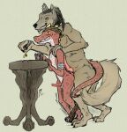  anthro beverage canid canine drakue_(artist) duo fantasy grinding hi_res humanoid knot kobold male male/male mammal public public_nudity red_dragon_inn ripsnarl_(red_dragon_inn) tool_belt under_table were werecanid werecanine werewolf wrench_(red_dragon_inn) 