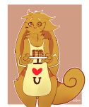  2019 4_fingers absurd_res anthro apron apron_only blush brown_body brown_eyes brown_fur claws clothing cross_pupils curled_tail digital_media_(artwork) fingers floppy_ears fluffy food front_view fur girly hi_res long_ears looking_at_viewer male mostly_nude outline pancake pupils ral raljoy simple_background smile solo symbol-shaped_pupils text text_on_apron text_on_clothing tojol unusual_pupils white_outline 