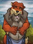  2017 anthro black_nose bottomwear canid canine clothing cute_fangs disney duo eyes_closed fox fur gideon_grey hi_res hug hugging_from_behind humanoid_hands k-9 lagomorph leporid long_ears male male/male mammal orange_body orange_fur outside overweight overweight_male pants pink_nose rabbit slightly_chubby stu_hopps zootopia 