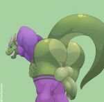  absurd_res anthro balls bent_over big_butt butt clothing dragon genitals green_background green_body green_theme hi_res horn legwear looking_back male penis presenting presenting_hindquarters purple_clothing simple_background solo teeth thigh_highs tylerstark 