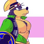  1:1 2021 abs anthro canid canine canis chest_tuft clothed clothing disney domestic_dog eyewear fizzyjay frown goggles goggles_on_headwear goofy_(disney) hat headgear headwear hi_res kingdom_hearts male mammal muscular muscular_anthro muscular_male narrowed_eyes nipples open_clothing open_shirt open_topwear pecs shield shirt simple_background solo square_enix topwear tuft unzipped video_games 