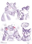  2016 anthro benjamin_clawhauser blush canid canine cheetah clothing comic dialogue disney duo eating eyes_closed felid feline food fox gerardson gideon_grey hi_res male male/male mammal overweight overweight_male shirt topwear zootopia 