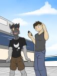  3:4 anthro anthrofied bottomwear cellphone clothed clothing duo fully_clothed fuze hi_res holding_cellphone holding_object holding_phone human male mammal nintendo pants phone pok&eacute;mon pok&eacute;mon_(species) pok&eacute;morph poochyena shirt shorts stubble t-shirt topwear video_games 