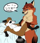  2018 anal anthro bed blue_eyes brown_body canid canine dialogue disney duo english_text fox furniture gerardson gideon_grey male male/male mammal orange_body pillow procyonid raccoon sex slightly_chubby text white_body zootopia 