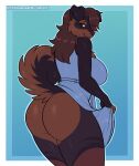  2021 alina_(starbearie) anthro big_breasts big_butt blue_background blue_clothing blue_dress border breasts brown_body brown_eyes brown_fur brown_hair butt canid canine canis clothed clothing clothing_lift dated digital_media_(artwork) domestic_dog dress dress_lift female floppy_ears fur gradient_background hair kitsunewaffles-chan looking_at_viewer looking_back looking_back_at_viewer mammal no_underwear portrait rear_view shaded simple_background solo thick_thighs three-quarter_portrait white_border 