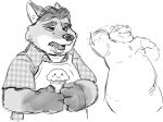  2016 anthro apron canid canine clothing disney fox gideon_grey humanoid_hands kemono kumagayasin male mammal monochrome overweight overweight_male shirt simple_background solo topwear white_background zootopia 
