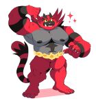  2021 absurd_res anthro biceps blep claws fire flexing fur hi_res incineroar looking_at_viewer male muscular muscular_anthro muscular_male nintendo nipples nude pecs pok&eacute;mon pok&eacute;mon_(species) simple_background smile solo splashburr standing star tongue tongue_out vein video_games white_background 
